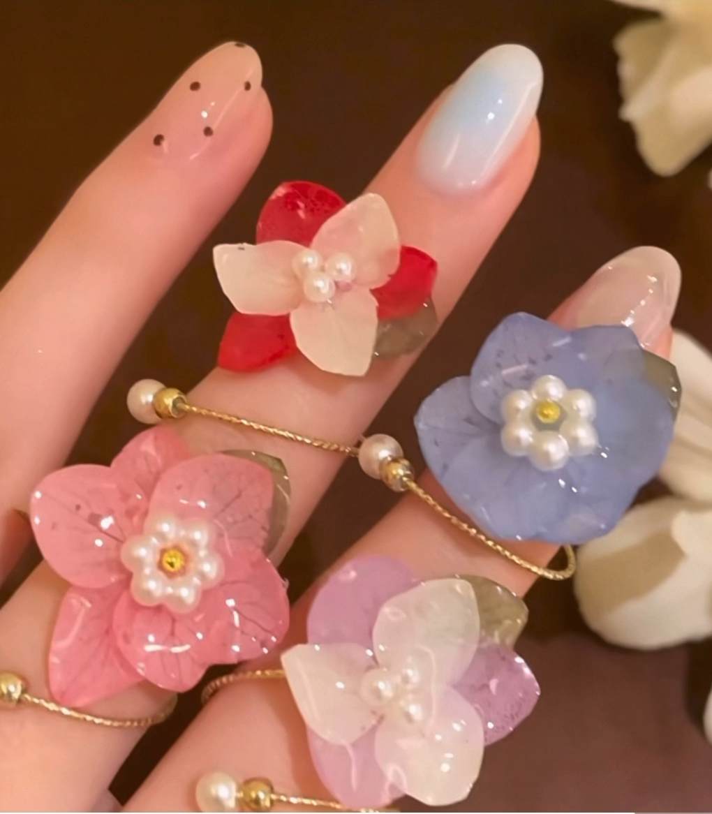 Candy Flower Resin Ring | Handmade Pastel Floral Adjustable Ring, Dopamine Sweet Botanical Jewelry