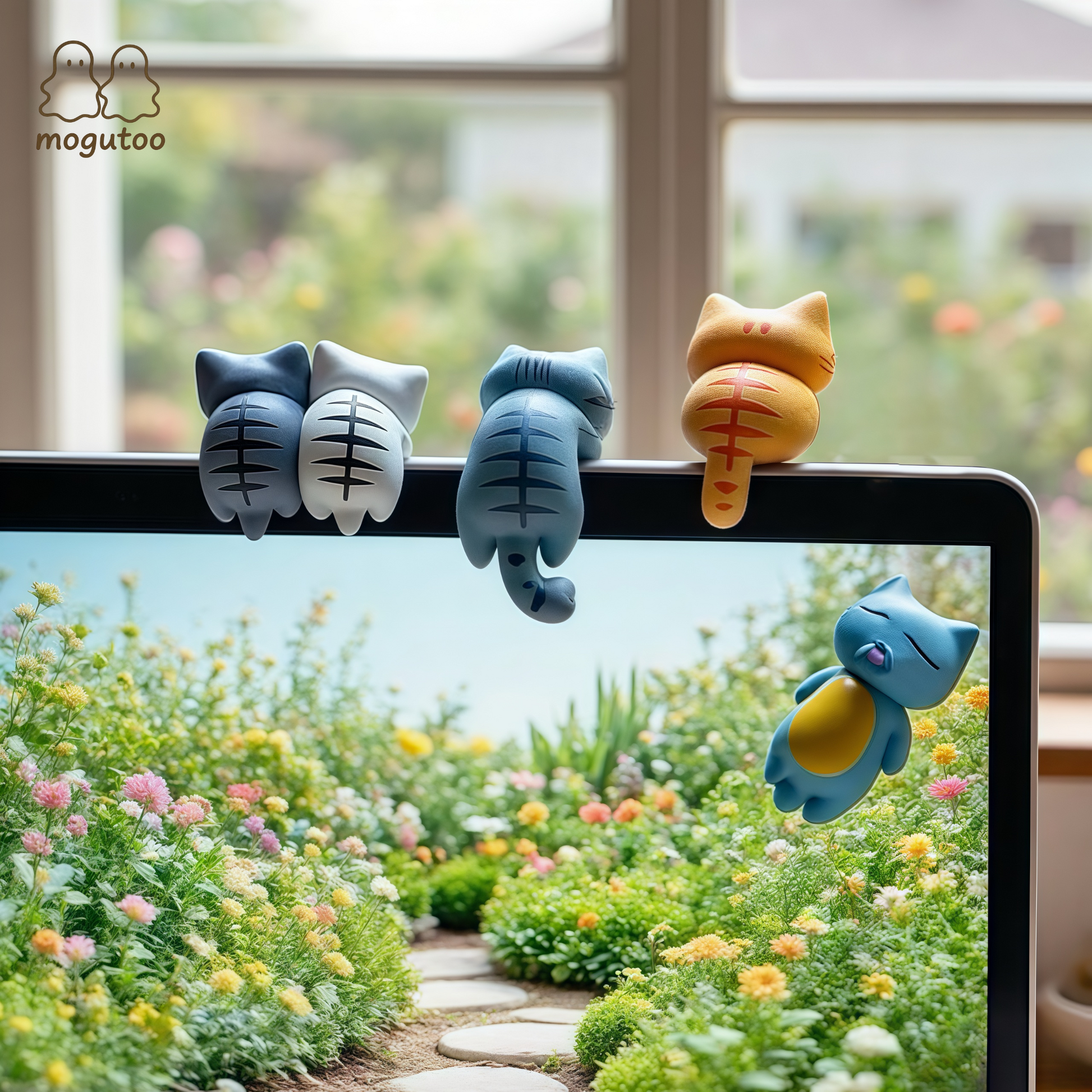 Cute cat figurine stuck on monitor — kawaii desk mood companion