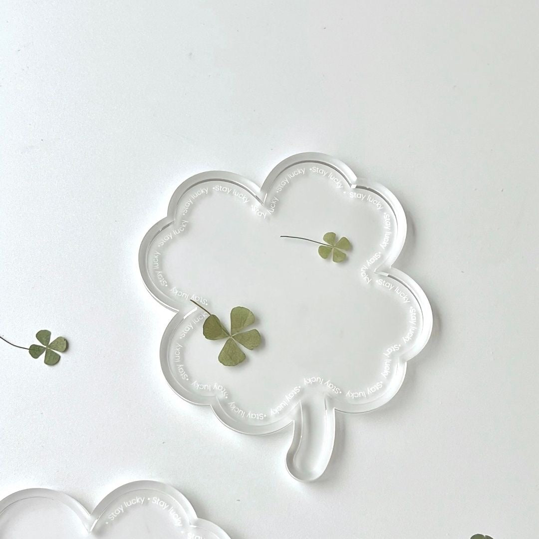 Transparent acrylic clover tray, symbolizing good fortune and positivity, handmade style