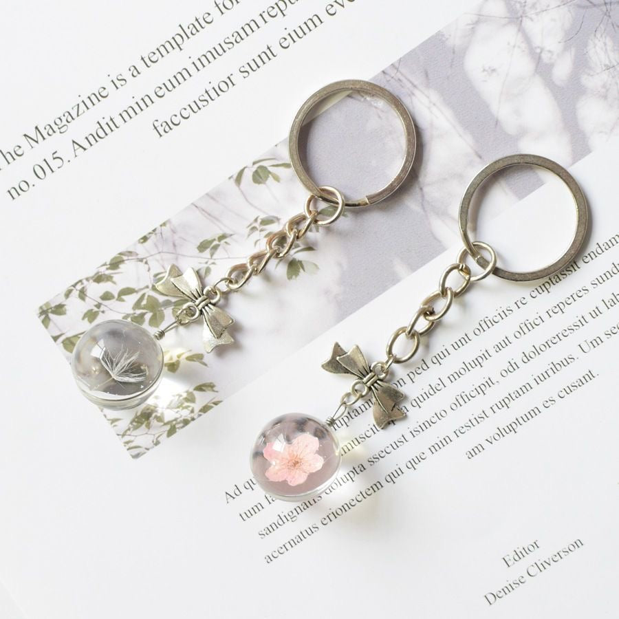 Pressed flower orb keychain with real bloom charm – unique handmade accessory gift